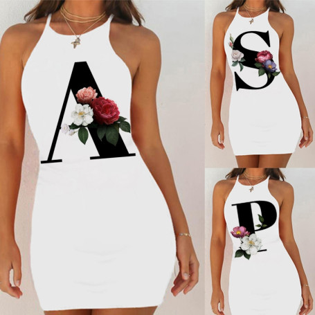 Sexy Night Sleepwear English Alphabet Print Pack Hip Nightie Woman White Dress