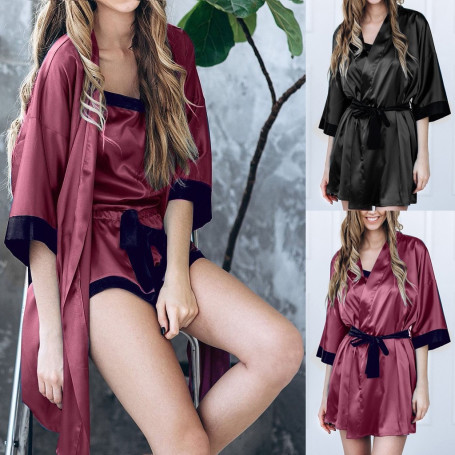 Women Sexy Silk Satin Kimono Robe Lace Lingerie Sleepwear Plus Size Bathrobe Pajamas