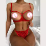 Women's Lingerie Set Sexy Lace Mesh Hollow Out Open Bras Crotchless Panties Two-piece Suit Red Underwear Set Babydolls
