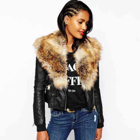 Women Basic Coats Fashion Faux PU Leather Jackets Artificial Fur Collar Coat Outerwear