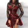 Women Sexy Dress Lace Sheer Long Sleeve Buttons Zipper Faux Leather Mini Dress Plus Size