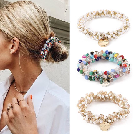 Women Crystal Pearls Hair Rope Handmade Elastic Beaded Ponytail Holders Hair Ties Hair Accessories