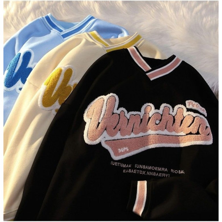 American retro letter embroidery sweatshirt women V-neck new plus size hoodies  loose couple long-sleeved shirt