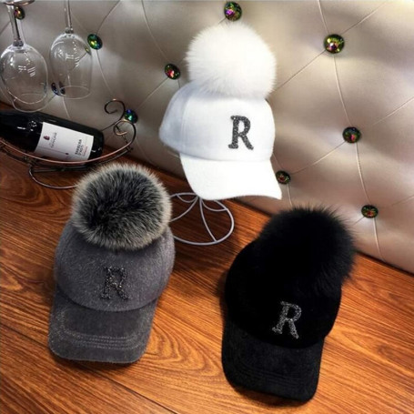 Rhinestone Letter Baseball Cap Fashion Pompom Snapback Caps Fur Ball