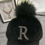 Rhinestone Letter Baseball Cap Fashion Pompom Snapback Caps Fur Ball