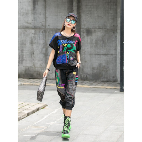 Short Sleeve Letter Printing T-shirt + Elastic Waist Denim Calf-Length Pants Two Piece Set
