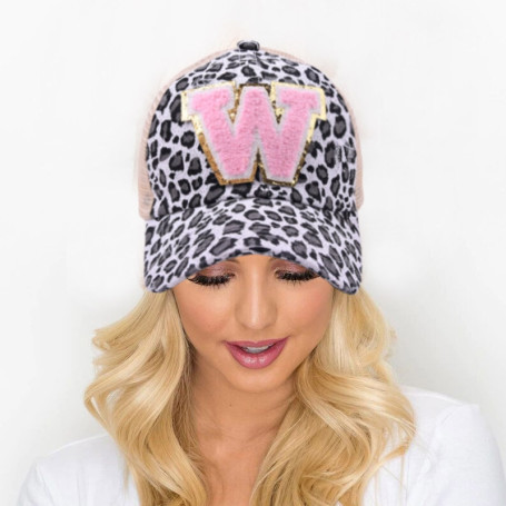 Pink Leopard Embroidered Letters Women Snapback Hip Hop Hat Breathable Mesh
