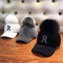 Fashion Rhinestone Letter R Print Soft Pompom Adjustable Faux Fur Caps