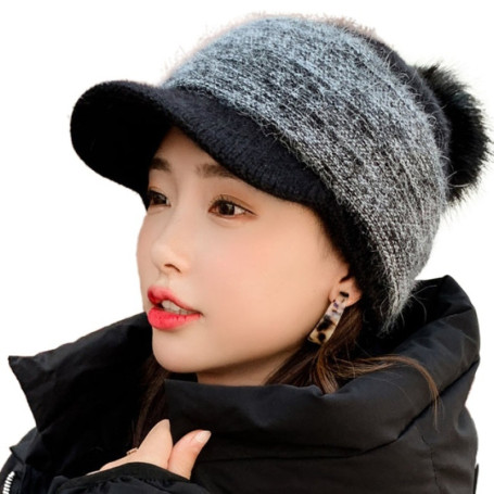 Women Fuzzy Knit Beanie Cap with Visor Bill Cute Pompom
