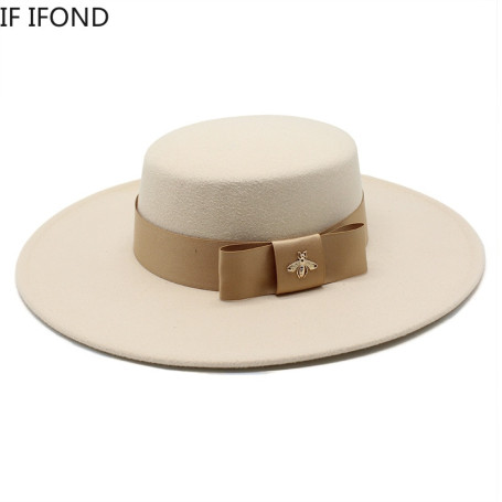 Autumn Winter French Ladies White Bownot Flat Top Fedora Hat 10CM Brim Banquet Elegant Felt Hat Wedding Dress Cap