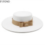 Autumn Winter French Ladies White Bownot Flat Top Fedora Hat 10CM Brim Banquet Elegant Felt Hat Wedding Dress Cap