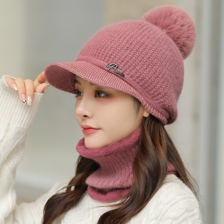 Women's Knitted Flat Tongue Hat Two Piece Set Rabbit Hair Letter Warm Baseball Hat Ear Protection Neck Waiver Wool Hat