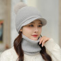 Women's Knitted Flat Tongue Hat Two Piece Set Rabbit Hair Letter Warm Baseball Hat Ear Protection Neck Waiver Wool Hat