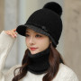 Women's Knitted Flat Tongue Hat Two Piece Set Rabbit Hair Letter Warm Baseball Hat Ear Protection Neck Waiver Wool Hat
