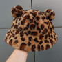 Leopard Fur Bucket Hat Bear Ear Ball Plush Soft Warm Thick Basin Hat Protection