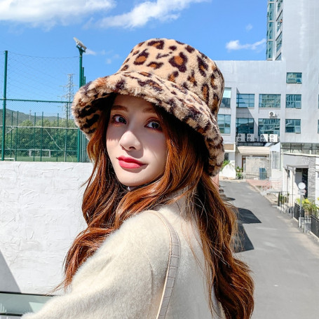 Fashion Winter Faux Fur Plush Bucket Hat Leopard Print Women Outdoor Warm Sun Hat Soft Velvet Lady Panama