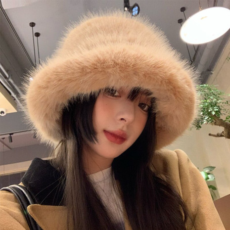 New Faux Fur Mink Fur Hat Plush Fisherman Cap Warm Big Head Around Ear Protection Bucket Hats Casual Panama Caps