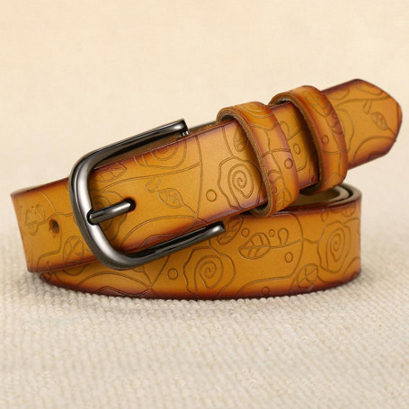 Fashion Design Floral Pattern Rose Red Genuine Leather Women's Pin Buckle Metal Belts 28mm Wide FCO082