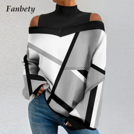 2023 Women Turtleneck Off Shoulder T-shirt Casual Lantern Long Sleeve Contrast Color Tops Vintage Patchwork Pullover Sweatshirts