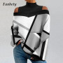 2023 Women Turtleneck Off Shoulder T-shirt Casual Lantern Long Sleeve Contrast Color Tops Vintage Patchwork Pullover Sweatshirts