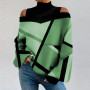 2023 Women Turtleneck Off Shoulder T-shirt Casual Lantern Long Sleeve Contrast Color Tops Vintage Patchwork Pullover Sweatshirts