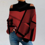 2023 Women Turtleneck Off Shoulder T-shirt Casual Lantern Long Sleeve Contrast Color Tops Vintage Patchwork Pullover Sweatshirts