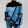 2023 Women Turtleneck Off Shoulder T-shirt Casual Lantern Long Sleeve Contrast Color Tops Vintage Patchwork Pullover Sweatshirts