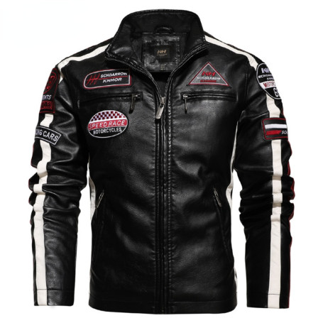 Men's Vintage Motorcycle Leather Jacket Embroidery Bomber PU Overcoat