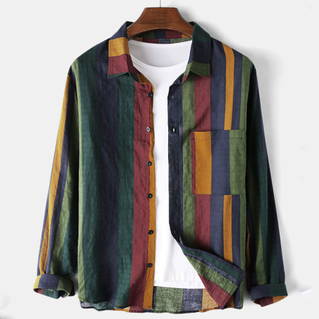 Vintage Stripe Men's Long Sleeve Blouse Cotton Linen Shirts