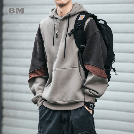 Korean Fashion High Quality Fleece Patchwork Hoodie Men Clothing Harajuku Japanese Streetwear Hip Hop Sweatshirt