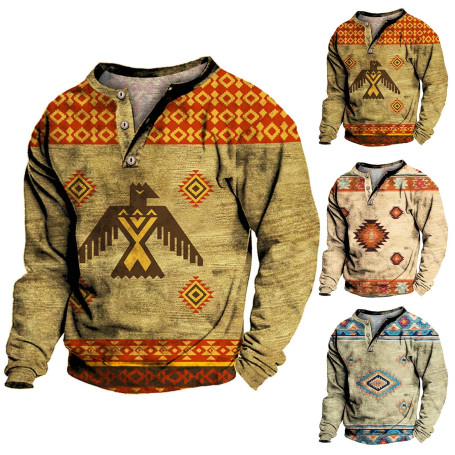 Men's T-Shirt Long Sleeve Stylish Button Aztec Ethnic Clothing
