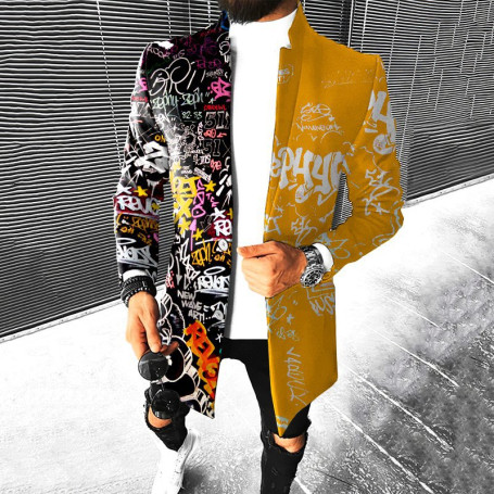 Fashion Graphic Printing Jackets For Men Long Sleeve Button-down Midi Coats Trend Straight Slim Fit Outerwear