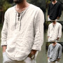 DIHOPE Cotton Linen Drawstring T Shirt Men's V Neck Blouse Solid Color Long Sleeves Casual Cool Tops Costume For Men S-3XL