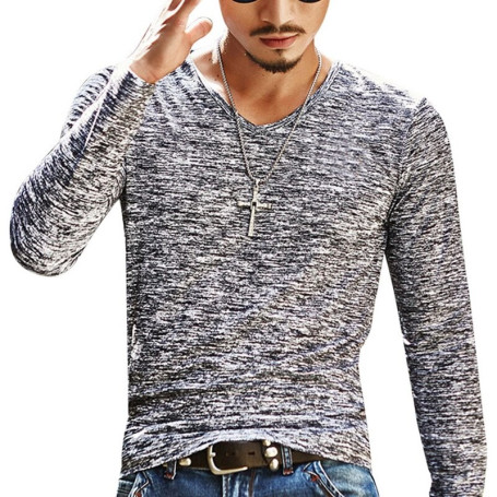 Men's Clothing Fashion T-shirt Oversized Undershirts Men Casual T Shirts Long Sleeve Print Tops V neck Slim Tees Shirt