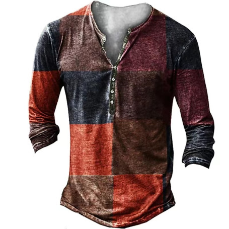 Vintage Men's T-Shirt With Button Ethnic Pattern Print Long Sleeve Oversized Clothing