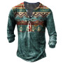 Vintage Men's T-Shirt With Button Ethnic Pattern Print Long Sleeve Oversized Clothing