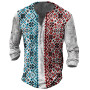 Vintage Men's T-Shirt With Button Ethnic Pattern Print Long Sleeve Oversized Clothing