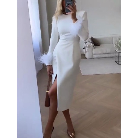 Elegant White Feather Long Sleeve Midi Dress Women O-neck High Waist Split Prom Dress Sexy Bodycon Evening Party Club Dresses