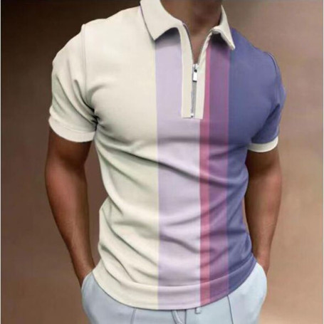 New high quality Striped Polo Shirt for Men Casual Short Sleeve Polo Shirts Patchwork Turn-down Collar Zipper T-Shirt