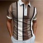New high quality Striped Polo Shirt for Men Casual Short Sleeve Polo Shirts Patchwork Turn-down Collar Zipper T-Shirt