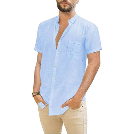 Cotton Linen Hot Sale Men's Short-Sleeved Shirts Solid Color Turn-down collar Casual Beach Style Plus Size