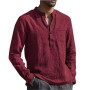 Cotton Linen Hot Sale Men's Long-Sleeved Shirts Solid Color  Stand-Up Collar Casual Beach Style Plus Size