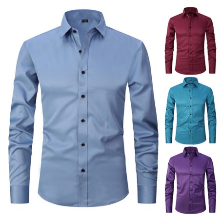 6XL 7XL 8XL Spring and Autumn Elastic Shirt Men's Long Sleeve Large Luxury Business Casual Slim Solid Color Wrinkle Free Press