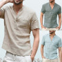Short-Sleeved Linen Shirts Men's Casual Hip Pop t-Shirt With Stand-Up Collar Soild Short-Sleeved Shirt Buiness Shirts Top