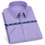 Mens Short Sleeve Shirt Business Casual Classic Plaid Striped Checked Male Social Dress Shirts Purple Blue Beach Quality Shirts