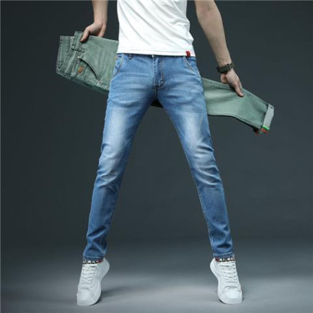 Casual Jeans Men's Green Korean Men Clothing Classic Elasticity Denim Trousers Slim Fit Ankle Tight Pencil Pants