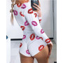Ladies Pajamas Jumpsuit  Stretch Leotard Button Short Romper Overalls Sexy Women Bodysuit Long Sleeve Deep V Neck Bodycon
