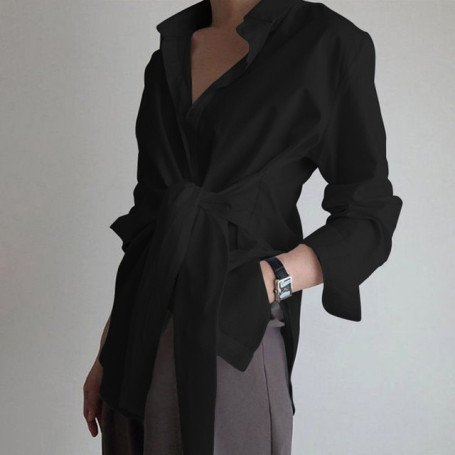 Fashion Women Shirt Blouse Long Sleeve Ruched Solid Color Tie Front Blouse for Office Ladies Elegant