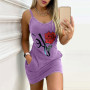 Women's Rose Prints Dress Sexy Sling O-neck Sleeveless Summer Party Night Casual Dress High Quality Comfy Daily Dresses