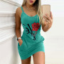 Women's Rose Prints Dress Sexy Sling O-neck Sleeveless Summer Party Night Casual Dress High Quality Comfy Daily Dresses